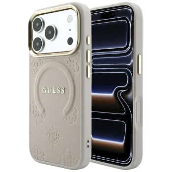 Guess Saffiano Peony & Ring MagSafe dėklas telefonui iPhone 17 Pro / 18 Pro, rožinis