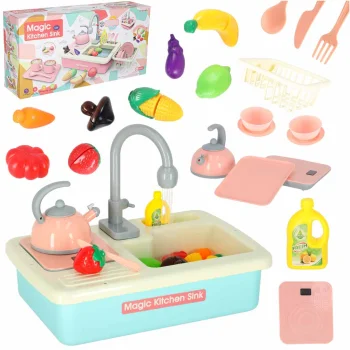 Kids sink with accessories, running water, kettle, induction hob, XXL, blue