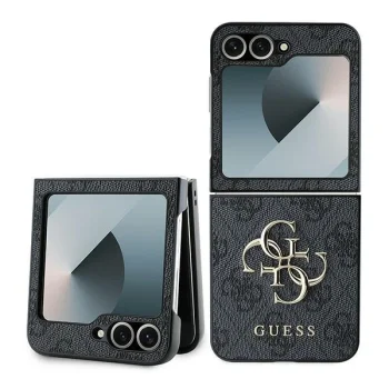 Guess Leather 4G Metal Logo dėklas Samsung Galaxy Z Flip 6, Juodas