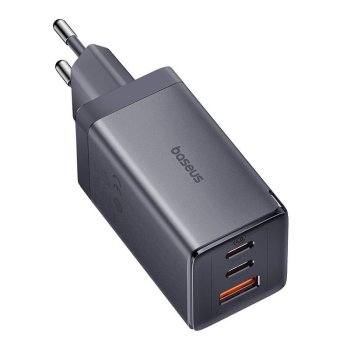 Sieninis įkroviklis Baseus GaN5 2x USB-C + USB, 65W su 1m laidu, pilkas