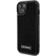 Karl Lagerfeld dėklas iPhone 15 telefonui Rhinestone Logo Metal Plate, juodas