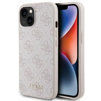 Guess 4G Metal Gold Logo dėklas, skirtas iPhone 15, rožinis