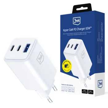 Įkroviklis 3mk Hyper GaN 65W USB-C USB-A, baltas
