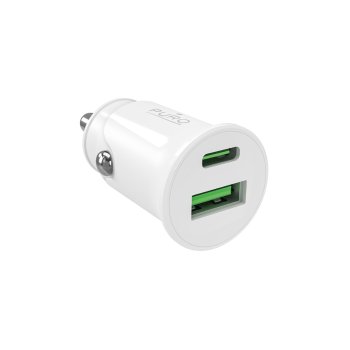 Puro Pro Lite automobilinis įkroviklis USB-A ir USB-C 20W, baltas