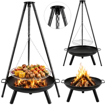 Lauko laužavietė su trikoju statyvu ir grotelėmis, 58 cm