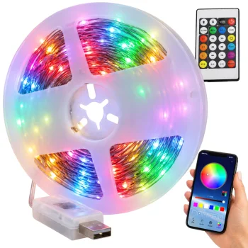 Vandeniui atspari RGB LED juosta IP65, USB, Bluetooth, 10m, su pulteliu