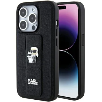 Karl Lagerfeld iPhone 15 Pro Case Gripstand Saffiano Karl&Choupette Pins, Black