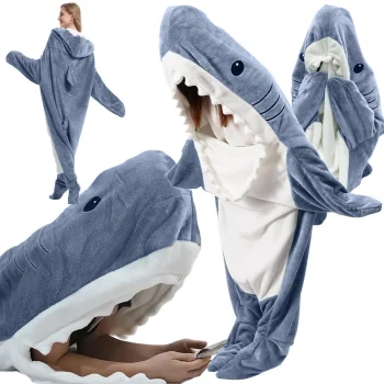 Wearable Shark Blanket Hoodie for Adults, Cozy Pajama Costume, Size L, Grey