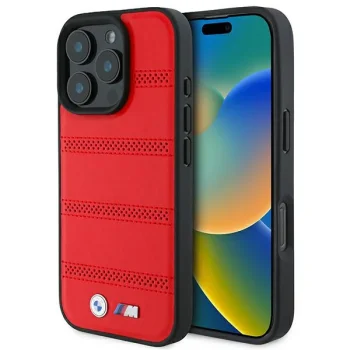 BMW dėklas iPhone 16 Pro telefonui M Perforated And Stitched Line MagSafe, raudonas