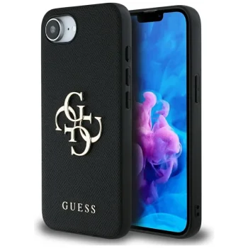 Guess PU Grained 4G Metal Logo dėklas iPhone 16e, juodas
