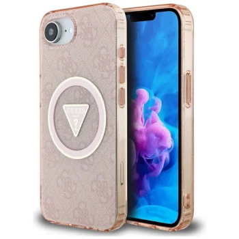 Guess IML Metal Glitter 4G Circle Triangle MagSafe dėklas iPhone 16e telefonui, rožinis