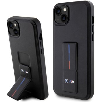 BMW Grip Stand Hot Stamp dėklas iPhone 14 Plus / 15 Plus, juodas
