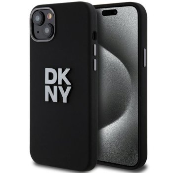 DKNY Liquid Silicone dėklas iPhone 15 / 14 / 13 su metaliniu logotipu, juodas