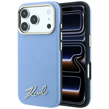 Karl Lagerfeld Saffiano Small Script MagSafe dėklas iPhone 17/18 Pro Max, šviesiai mėlynas