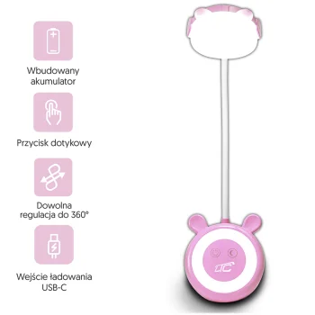 LTC meškučio formos LED vaikiška naktinė lemputė, 3W, 1200mAh, rožinė