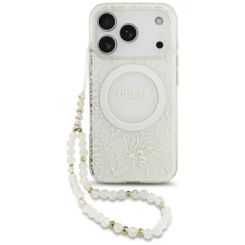 Guess IML Flowers Allover MagSafe dėklas iPhone 18 Pro / 17 Pro su perlų dirželiu, baltas