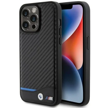 BMW dėklas iPhone 15 Pro Max telefonui Leather Carbon, juodas