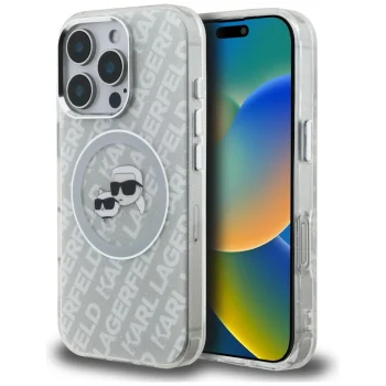 Karl Lagerfeld IML Glitter Karl & Choupette MagSafe dėklas iPhone 16 Pro Max, pilkas