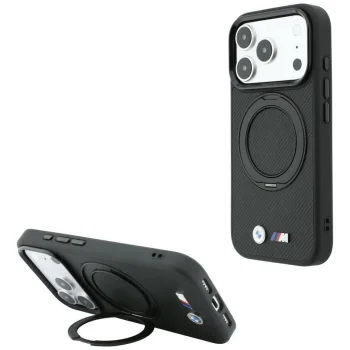 Dėklas BMW Kevlar Ring Stand 360 MagSafe telefonui iPhone 18 Pro Max / 17 Pro Max, juodas