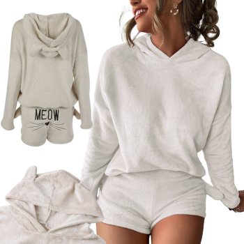 Warm Two-Piece Women's Pajamas with Hood, Plush, Short Shorts, Size L, Beige
