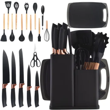 Kitchen Knife and Utensil Set with Cutting Board and Block, 19 pcs, Black