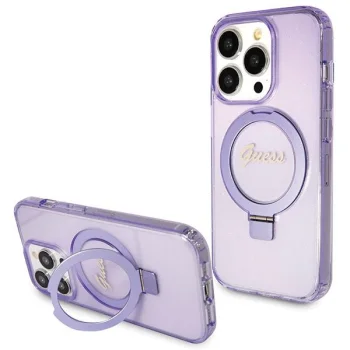 Guess Ring Stand Script Glitter MagSafe dėklas iPhone 14 Pro Max, violetinis