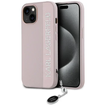 Karl Lagerfeld dėklas iPhone 15 / 14 / 13 Saffiano Rhinestones & Charm, rožinis