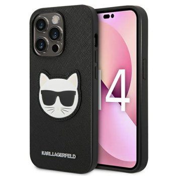 Karl Lagerfeld dėklas iPhone 14 Pro Saffiano Choupette Head Patch, juodas