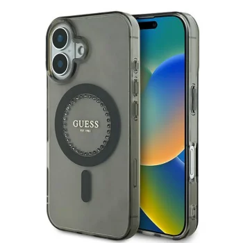 Guess dėklas iPhone 16 su IML Rhinestones MagSafe, juodas