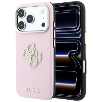 Guess Smooth & Big Strass Logo dėklas telefonui iPhone 18 Pro / 17 Pro, rožinis