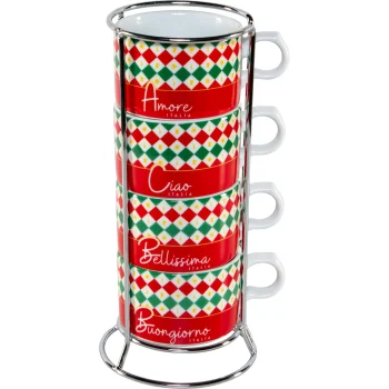 Kapučino puodelių rinkinys su stovu Bialetti Tricolore, 4 vnt.