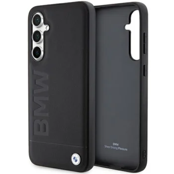 BMW Leather Hot Stamp dėklas, skirtas Samsung Galaxy S23 FE, juodas