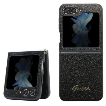 Guess Glitter Script dėklas Samsung Galaxy Z Flip 5 telefonui, juodas