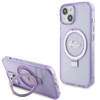 Guess iPhone 15 Plus / 14 Plus Case Ring Stand Script Glitter MagSafe, Purple