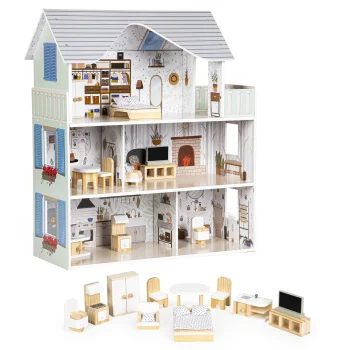 Medinis lėlių namelis ECOTOYS Emma su 10 baldų