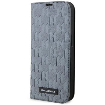 Karl Lagerfeld iPhone 14 Pro atverčiamas dėklas Saffiano Monogram, sidabrinis