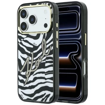 Karl Lagerfeld IML Signature Zebra Glitter MagSafe dėklas iPhone 17/18 Pro Max, auksas