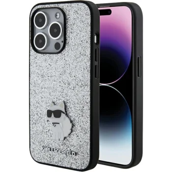 Karl Lagerfeld dėklas iPhone 15 Pro Max telefonui Glitter Choupette Logo, sidabrinis