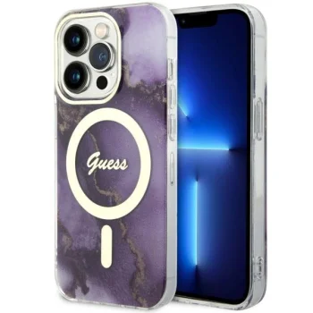 Guess dėklas iPhone 14 Pro telefonui Golden Marble MagSafe, violetinis