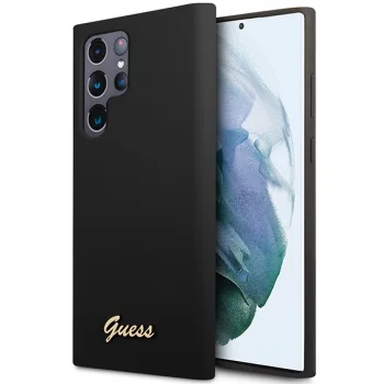 Guess Silicone Vintage Gold Logo dėklas Samsung Galaxy S23 Ultra, juodas