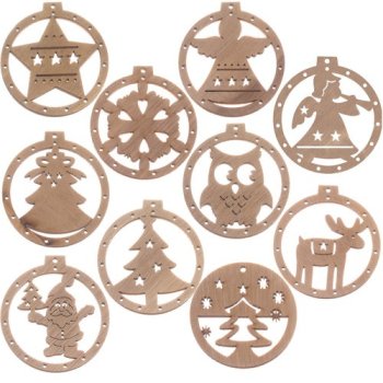 Ruhhy Wooden Christmas Tree Ornaments, 10 pcs, Brown / Beige