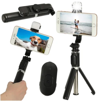 Selfie Stick with Tripod, Bluetooth Remote and LED Light, Black