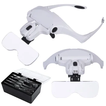 Headband Magnifying Glasses with 2 LEDs and 5 Lenses up to 3.5x, White