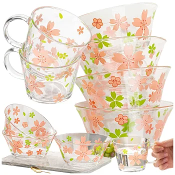 6-Piece Glass Dinnerware Set with Floral Pattern Bowls and Mugs