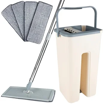 Flat mop with dual-chamber bucket, floor cleaning set