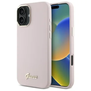 Guess Silicone Script dėklas iPhone 16 telefonui, rožinis