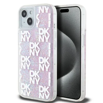 DKNY dėklas iPhone 15 / 14 / 13 telefonui Liquid Glitter Multilogo, rožinis