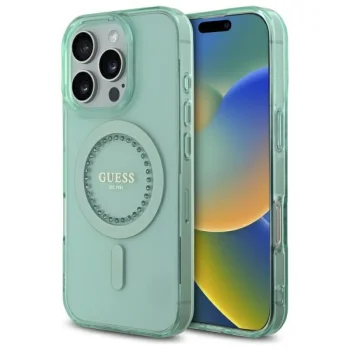 Guess dėklas iPhone 16 Pro telefonui IML Rhinestones MagSafe, žalias