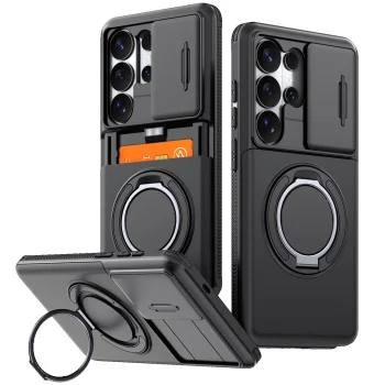 Magnetinis dėklas Samsung Galaxy S26 Ultra su 360° žiedu ir kameros dangteliu, juodas