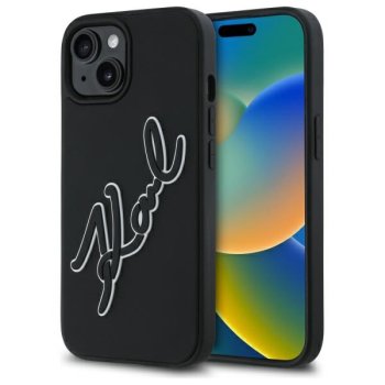Karl Lagerfeld 3D Rubber Signature dėklas, skirtas iPhone 15, juodas